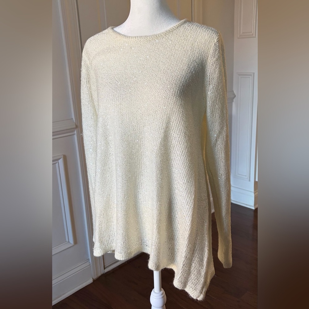 Anne Klein White Sparkle Sequin Sweater Handkerchief Hem Size Medium